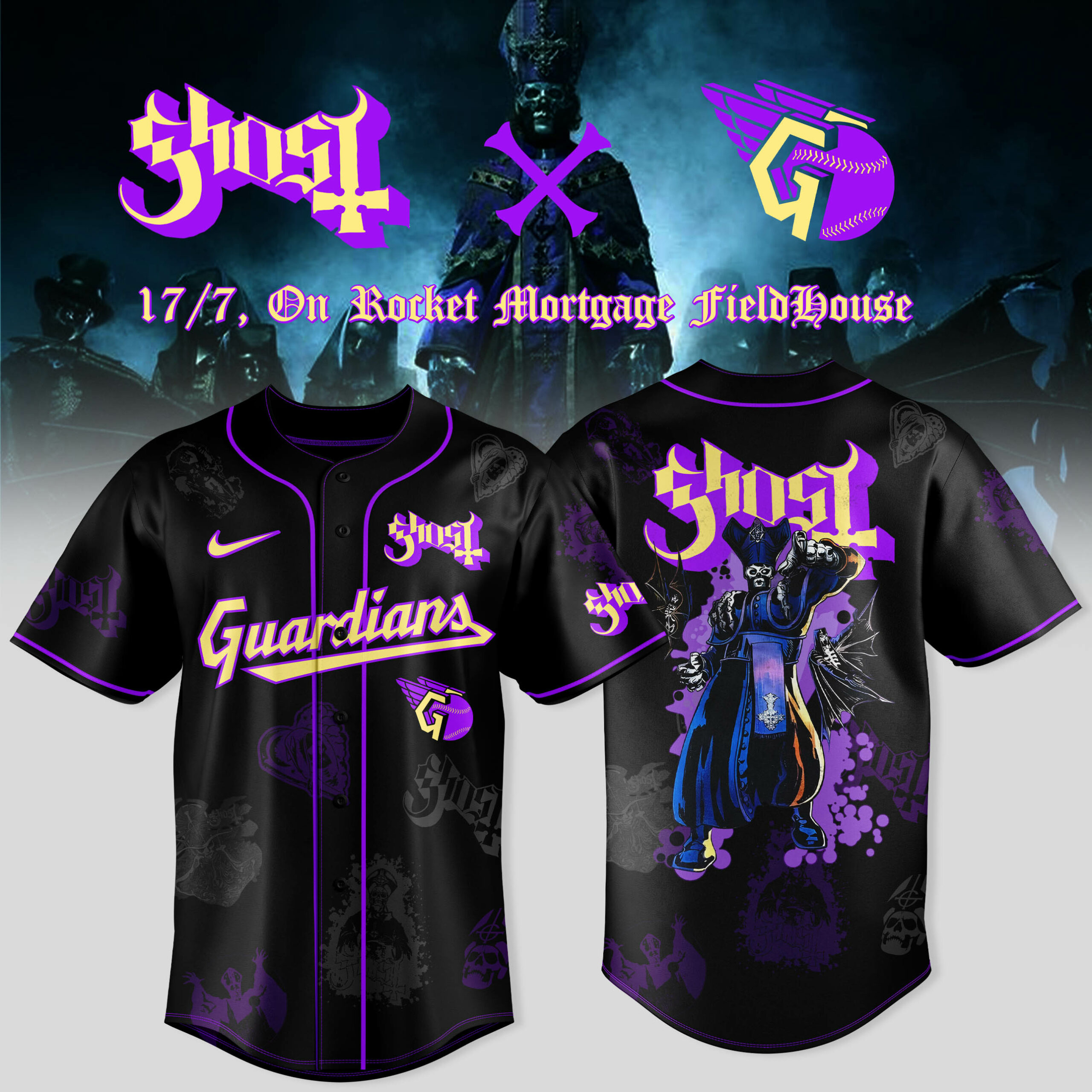 Cleveland Guardians x Ghost Band World Tour 2025 Special Black Baseball Jersey Cleveland Guardians x Ghost Band World Tour 2025 Special Black Baseball Jersey