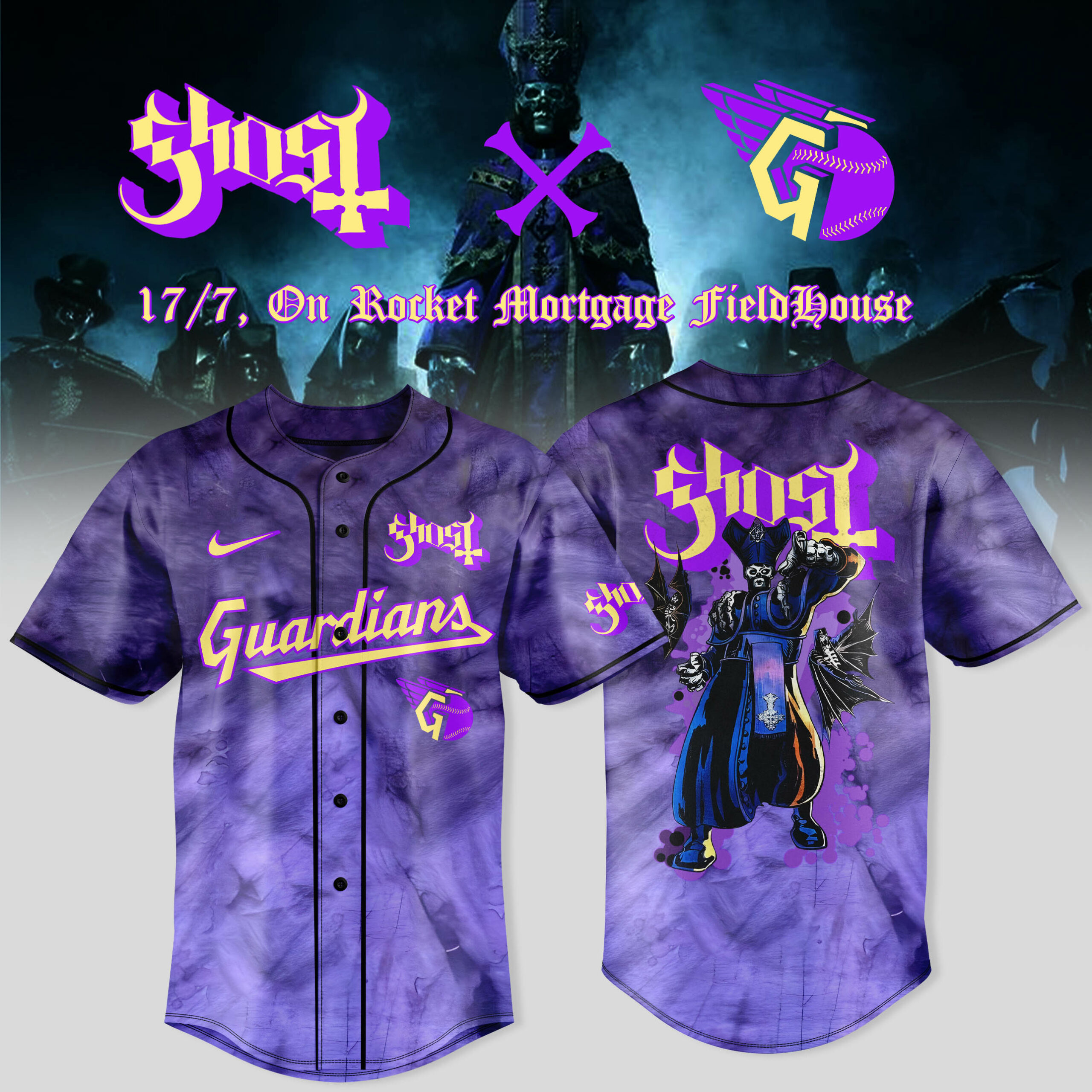Cleveland Guardians x Ghost Band World Tour 2025 Special Purple Baseball Jersey Cleveland Guardians x Ghost Band World Tour 2025 Special Purple Baseball Jersey