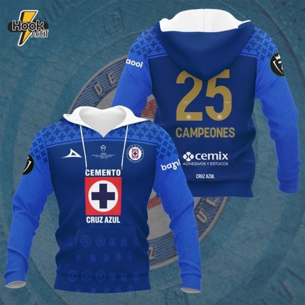 Cruz Azul Football Campeones Concacaf Champions Cup Torneo 2025 Blue 3D Hoodie
