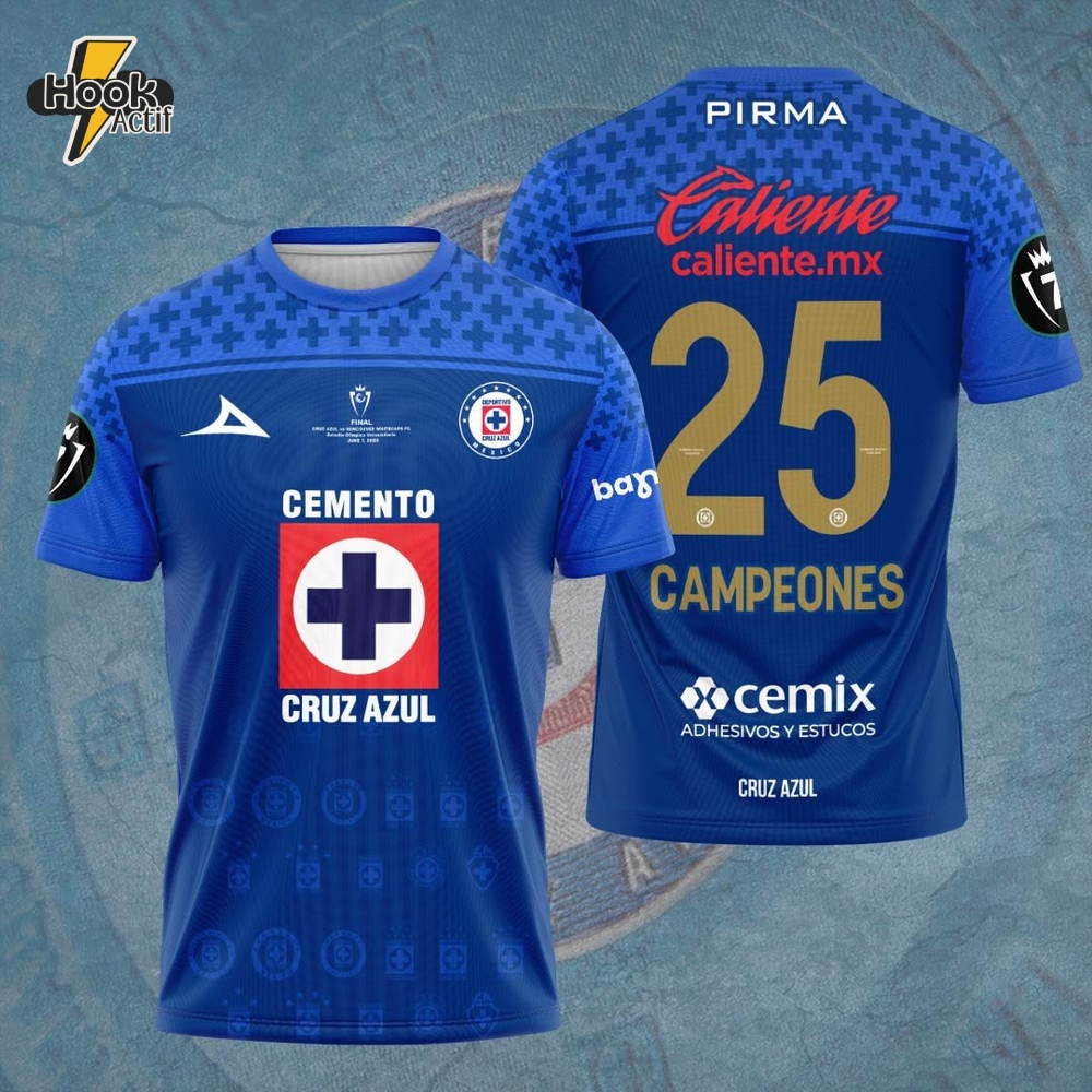 Cruz Azul Football Campeones Concacaf Champions Cup Torneo 2025 Blue 3D Tshirt Cruz Azul Football Campeones Concacaf Champions Cup Torneo 2025 Blue 3D Tshirt