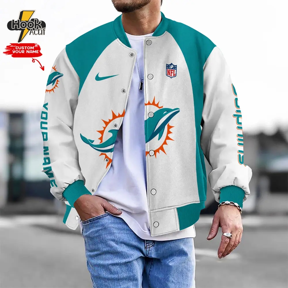 Nfl Miami Dolphins Bomber Jacket Button Down Baseball Varsity Nfl Miami Dolphins Bomber Jacket Button Down Baseball Varsity