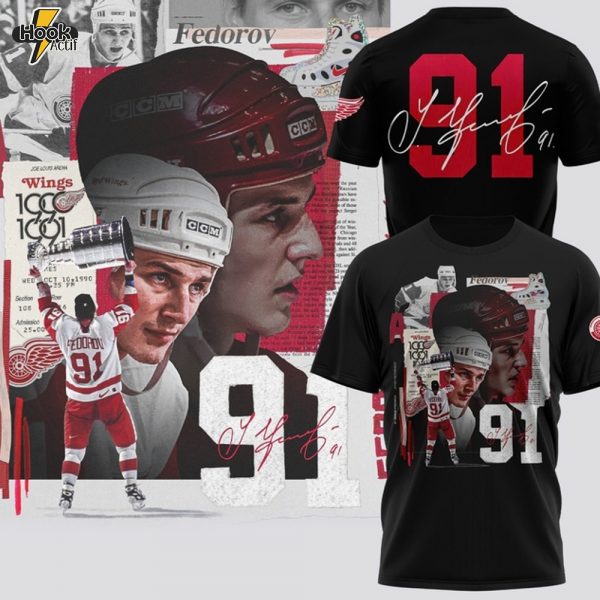 Detroit Red Wings x Sergei Fedorov Signature Black Shirt