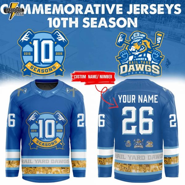 Roanoke Rail Yard Dawgs 10th Season Blue Hockey Jersey 2025