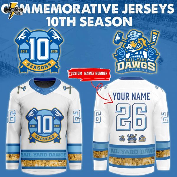 Roanoke Rail Yard Dawgs 10th Season White Hockey Jersey 2025