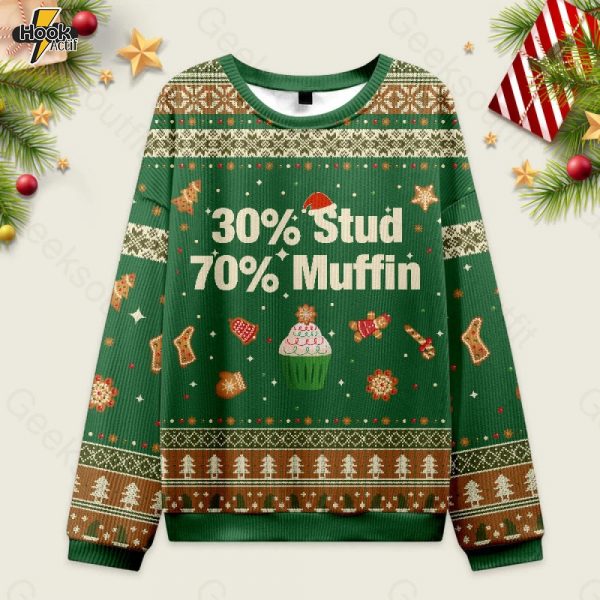 30?? Stud 70?? Muffin Ugly Christmas Fuzzy Fleece Sweatshirt