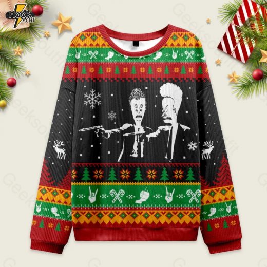 Beavis And Butthead Pulp Fiction Nerd Ugly Christmas Fuzzy Fleece Sweatshirt