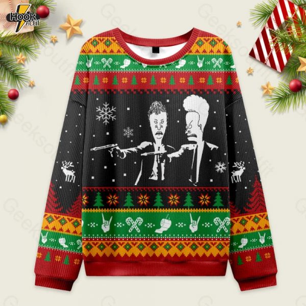 Beavis And Butthead Pulp Fiction Nerd Ugly Christmas Fuzzy Fleece Sweatshirt