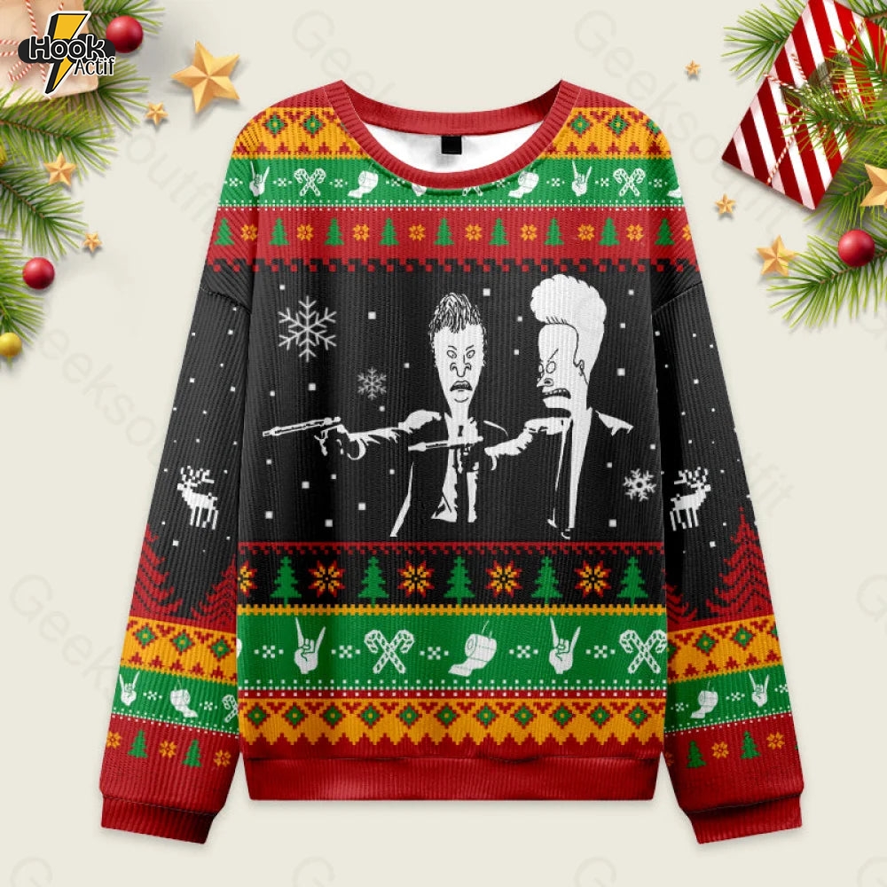 Beavis And Butthead Pulp Fiction Nerd Ugly Christmas Fuzzy Fleece Sweatshirt Beavis And Butthead Pulp Fiction Nerd Ugly Christmas Fuzzy Fleece Sweatshirt