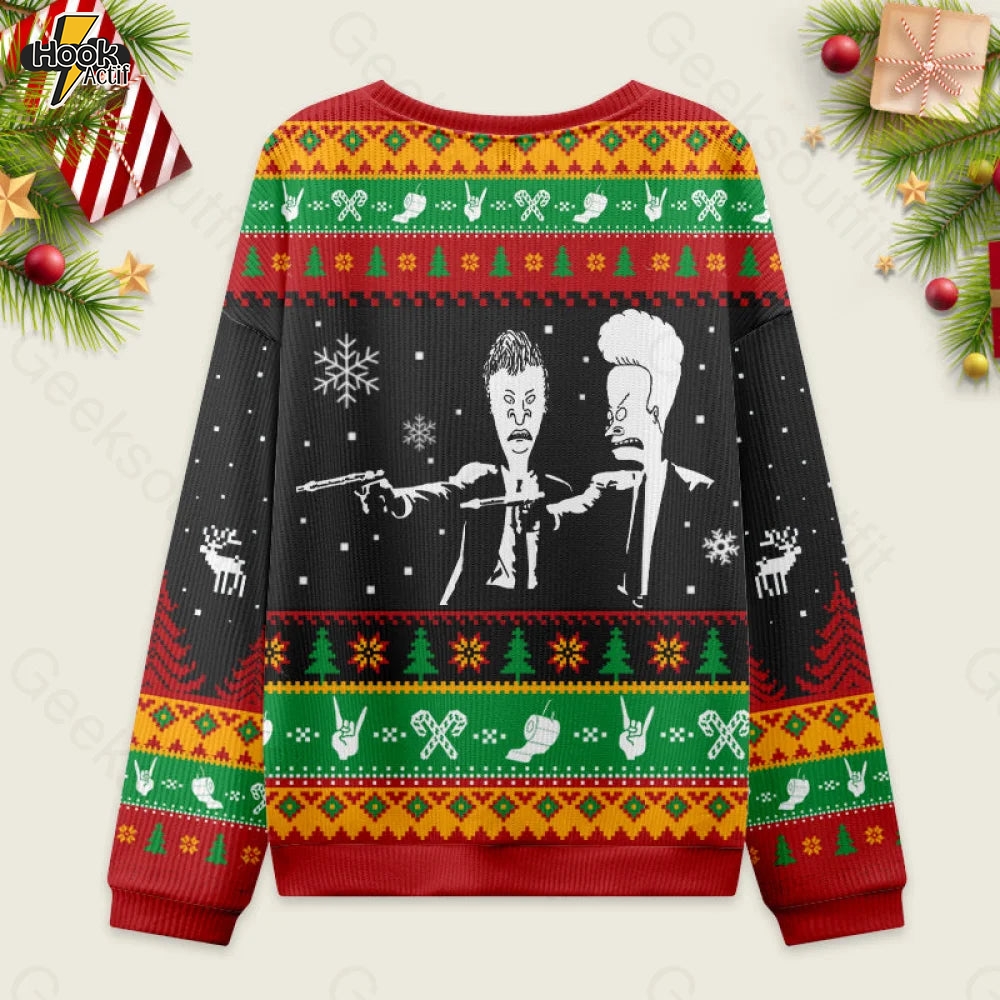 Beavis And Butthead Pulp Fiction Nerd Ugly Christmas Fuzzy Fleece Sweatshirt Beavis And Butthead Pulp Fiction Nerd Ugly Christmas Fuzzy Fleece Sweatshirt