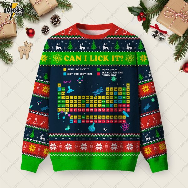Can I Lick It Periodic Table Ugly Christmas Fuzzy Fleece Sweatshirt
