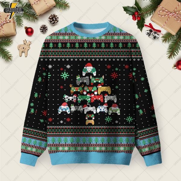 Gamepad Christmas Tree Ugly Christmas Fuzzy Fleece Sweatshirt