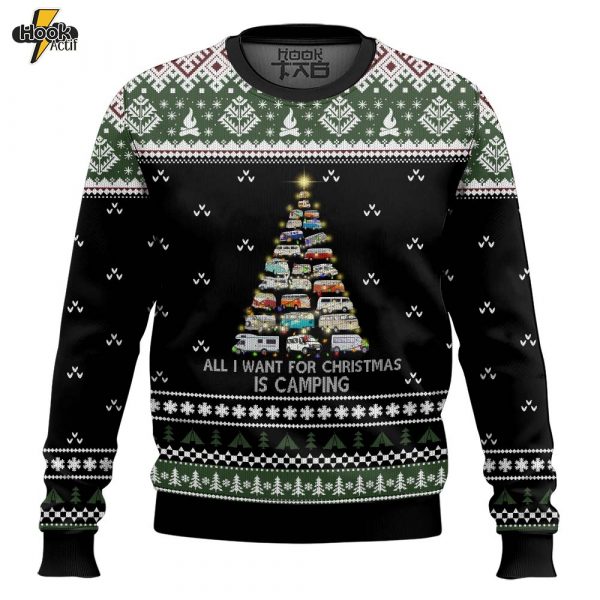 Hooktab All I Want For Christmas Is Camping Ugly Christmas Sweater