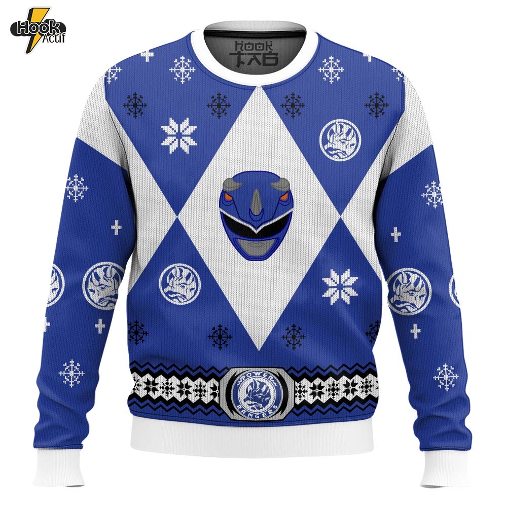 Hooktab Blue Power Rangers Ugly Christmas Sweater Hooktab Blue Power Rangers Ugly Christmas Sweater
