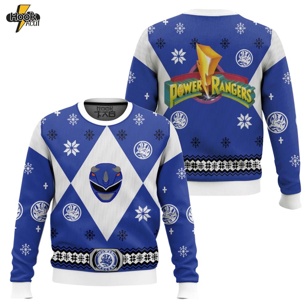 Hooktab Blue Power Rangers Ugly Christmas Sweater Hooktab Blue Power Rangers Ugly Christmas Sweater