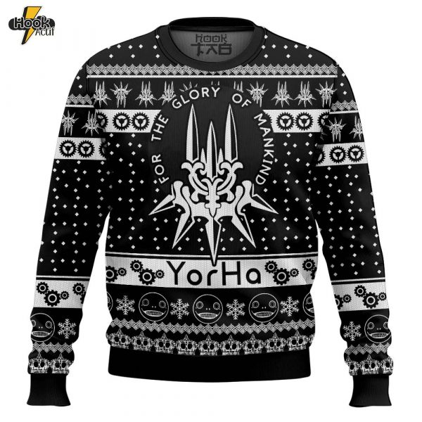 Hooktab Glory to Mankind Yorha Nier Automata Ugly Christmas Sweater
