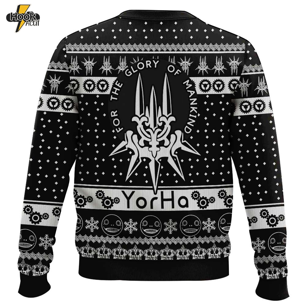 Hooktab Glory to Mankind Yorha Nier Automata Ugly Christmas Sweater Hooktab Glory to Mankind Yorha Nier Automata Ugly Christmas Sweater