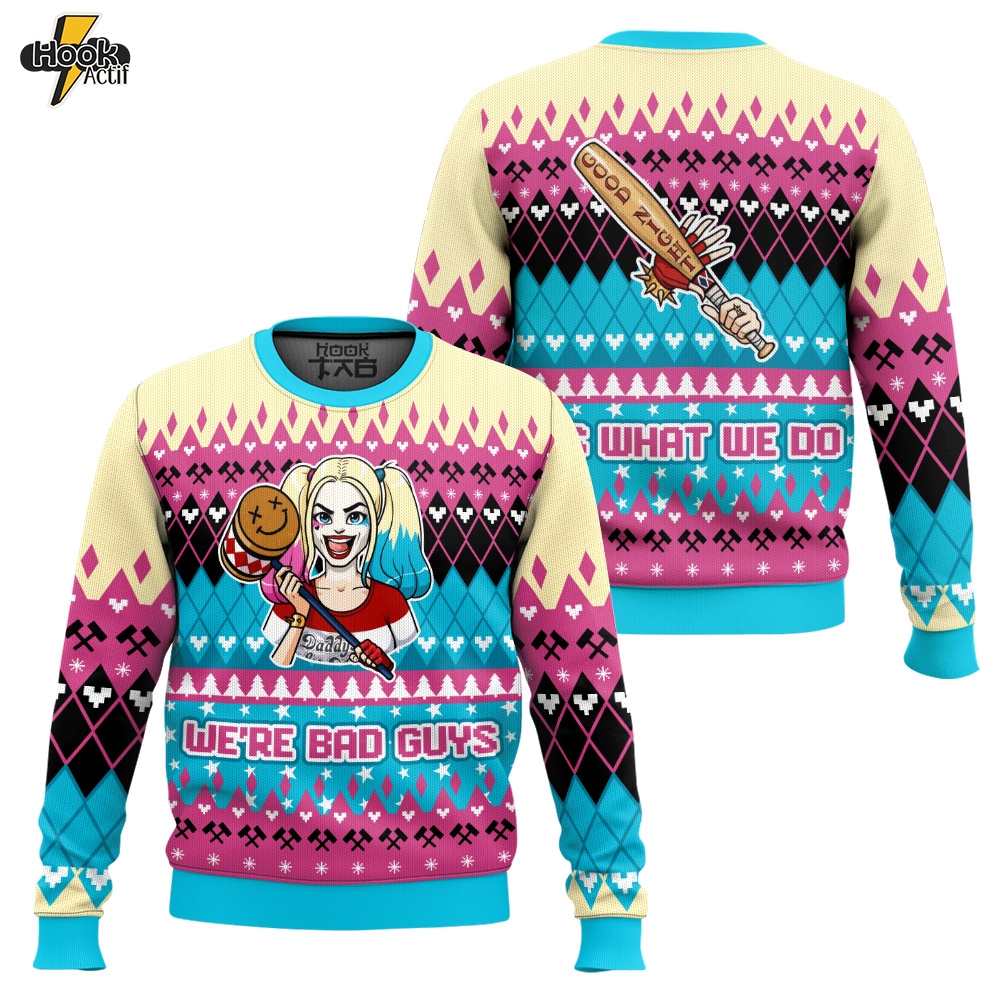 Hooktab Harley Quinn We’re Bad Guys Ugly Christmas Sweater Hooktab Harley Quinn We’re Bad Guys Ugly Christmas Sweater