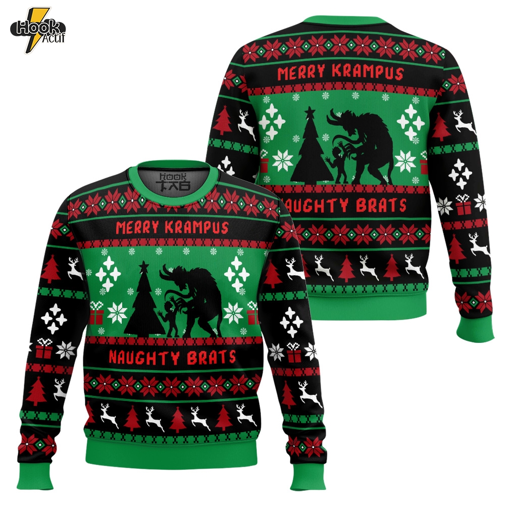 Hooktab Merry Krampus Naughty Brats Ugly Christmas Sweater Hooktab Merry Krampus Naughty Brats Ugly Christmas Sweater