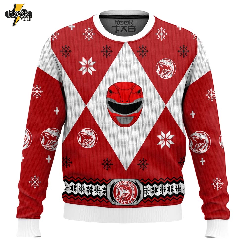 Hooktab Red Power Rangers Ugly Christmas Sweater Hooktab Red Power Rangers Ugly Christmas Sweater