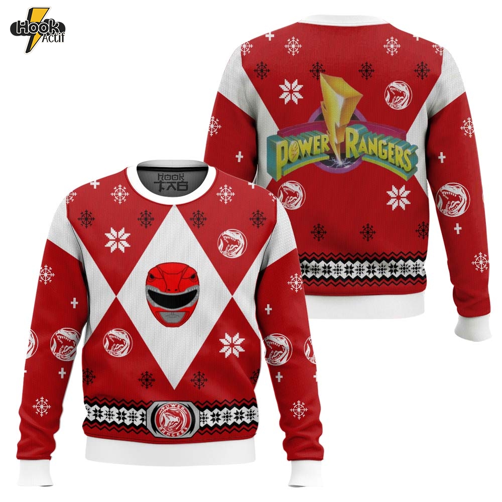 Hooktab Red Power Rangers Ugly Christmas Sweater Hooktab Red Power Rangers Ugly Christmas Sweater