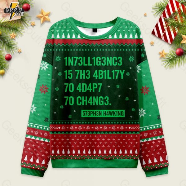 Intelligence - Stephen Hawking Science Green Ugly Christmas Fuzzy Fleece Sweatshirt
