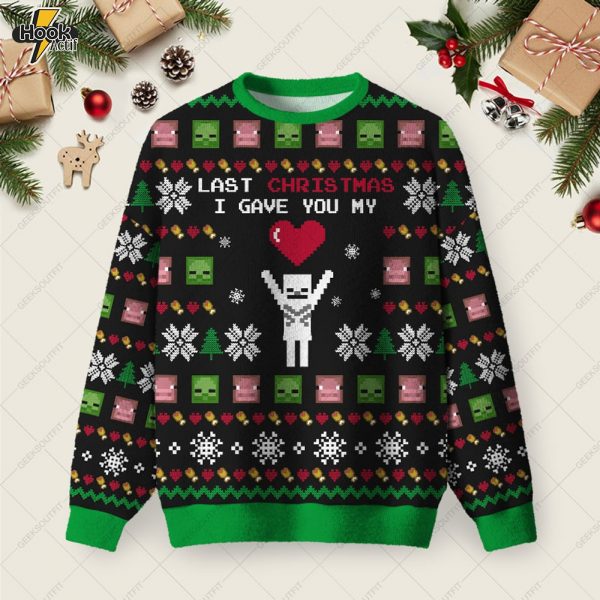 Last Christmas I Give You My World Black Ugly Christmas Fuzzy Fleece Sweatshirt