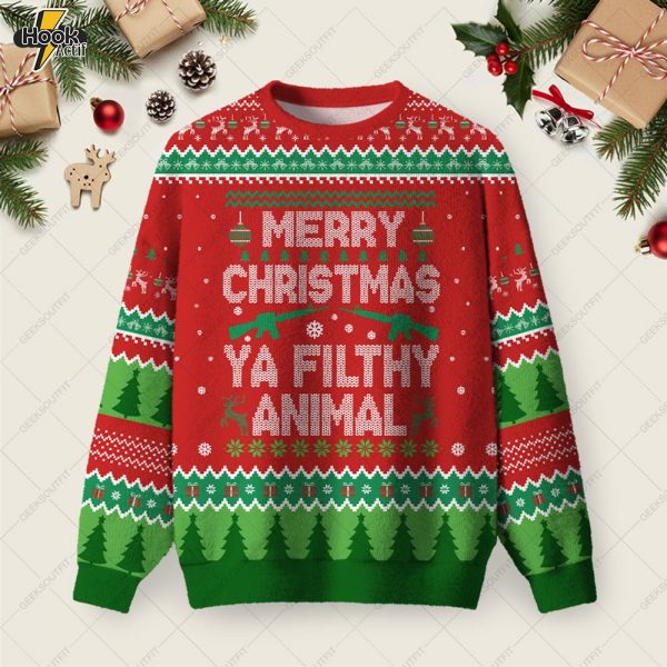 Merry Christmas Ya Filthy Animal Ugly Christmas Fuzzy Fleece Sweatshirt