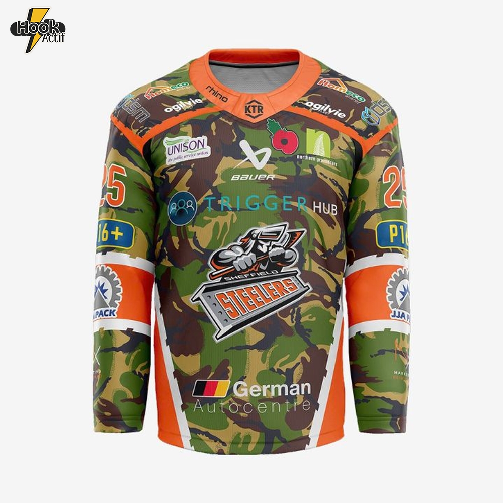 Sheffield Steelers 2025 Camo Remembrance Special Hockey Jersey Sheffield Steelers 2025 Camo Remembrance Special Hockey Jersey