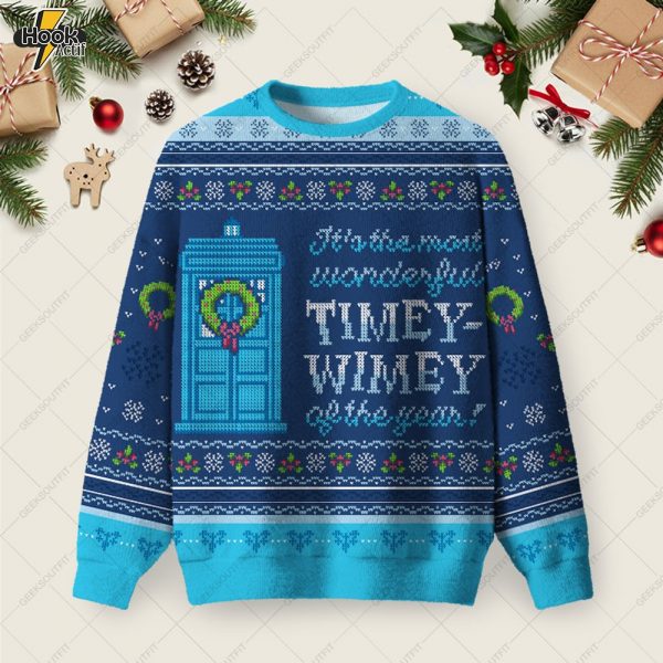 Timey Wimey Blue Ugly Christmas Fuzzy Fleece Sweatshirt