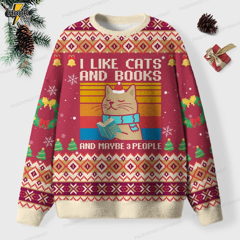 I Like Cats And Books And Maybe 3 People Unisex Ugly Knit Christmas Sweater I Like Cats And Books And Maybe 3 People Unisex Ugly Knit Christmas Sweater