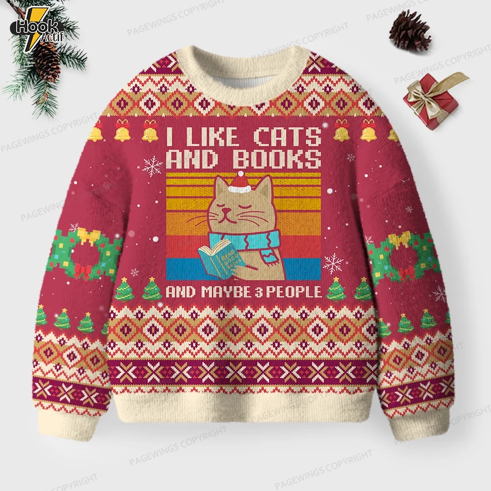 I Like Cats And Books And Maybe 3 People Unisex Ugly Knit Christmas Sweater I Like Cats And Books And Maybe 3 People Unisex Ugly Knit Christmas Sweater