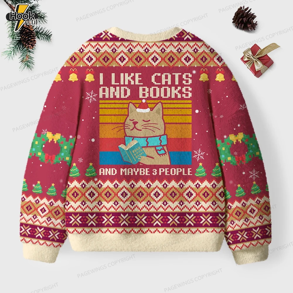 I Like Cats And Books And Maybe 3 People Unisex Ugly Knit Christmas Sweater I Like Cats And Books And Maybe 3 People Unisex Ugly Knit Christmas Sweater