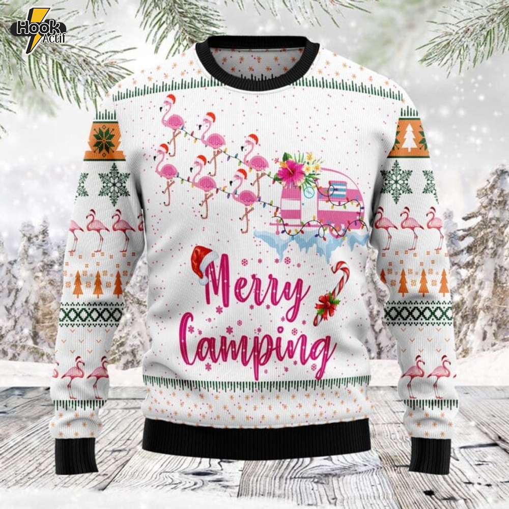 Merry Camping Flamingo Ugly Christmas Sweater Merry Camping Flamingo Ugly Christmas Sweater