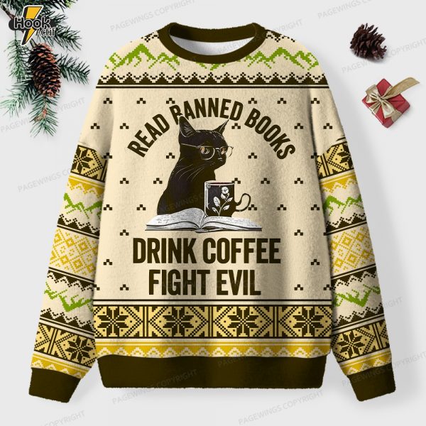 Read Banned Books Drink Coffee Fight Evil Unisex Ugly Knit Christmas Sweater