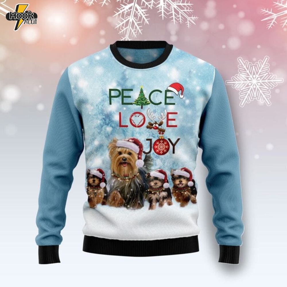 Yorkshire Terrier Peace Love Joy Ugly Christmas Sweater Yorkshire Terrier Peace Love Joy Ugly Christmas Sweater