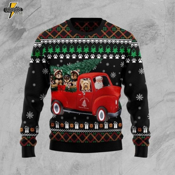 Yorkshire Terrier and Red Truck Ugly Christmas Sweater
