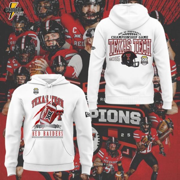 New Era White Texas Tech Red Raiders 2025 Big 12 Football Champions Locker Room Hoodie