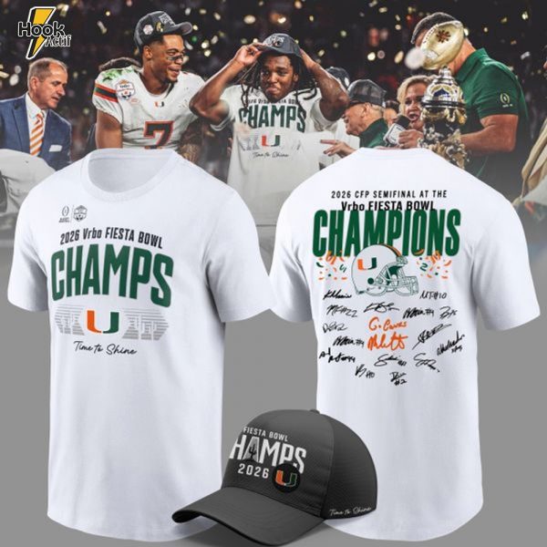 2026 Signed Miami Hurricanes College Football Playoff Fiesta Bowl Champions Locker Room T-Shirt for fans
